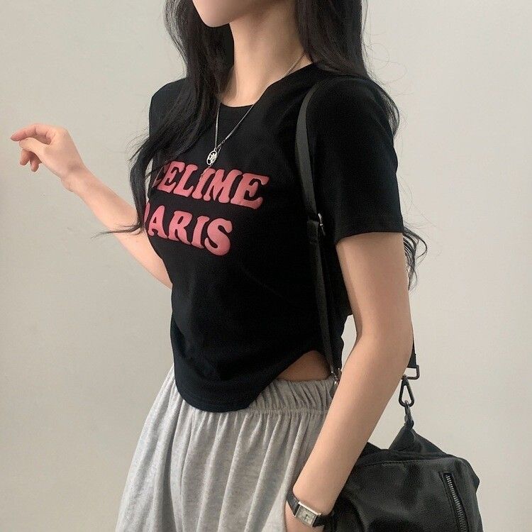エンボスシャーリングレタリングクロップTシャツ6色 ブラック