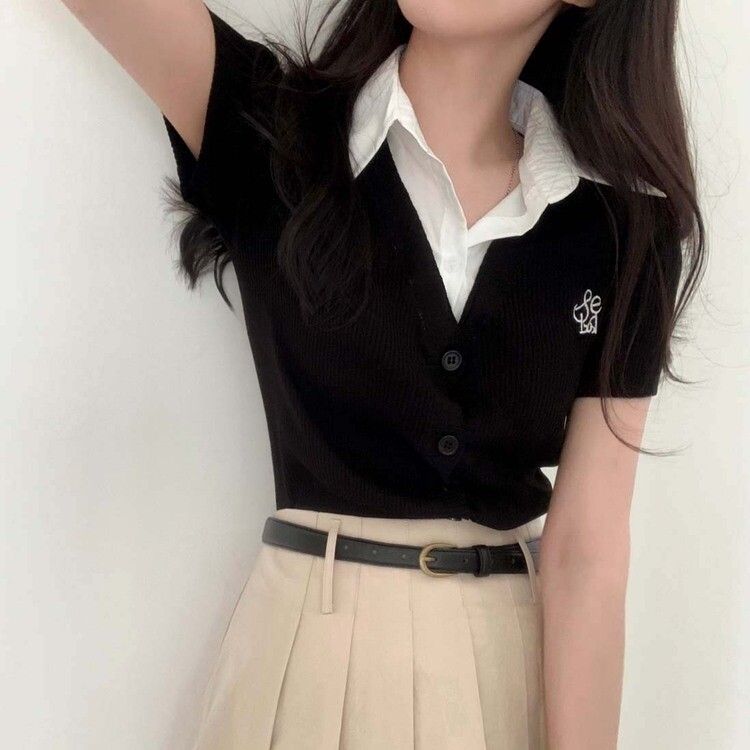 シャツレイヤード刺繍半袖カーディガン｜ニット｜韓国ファッション通販