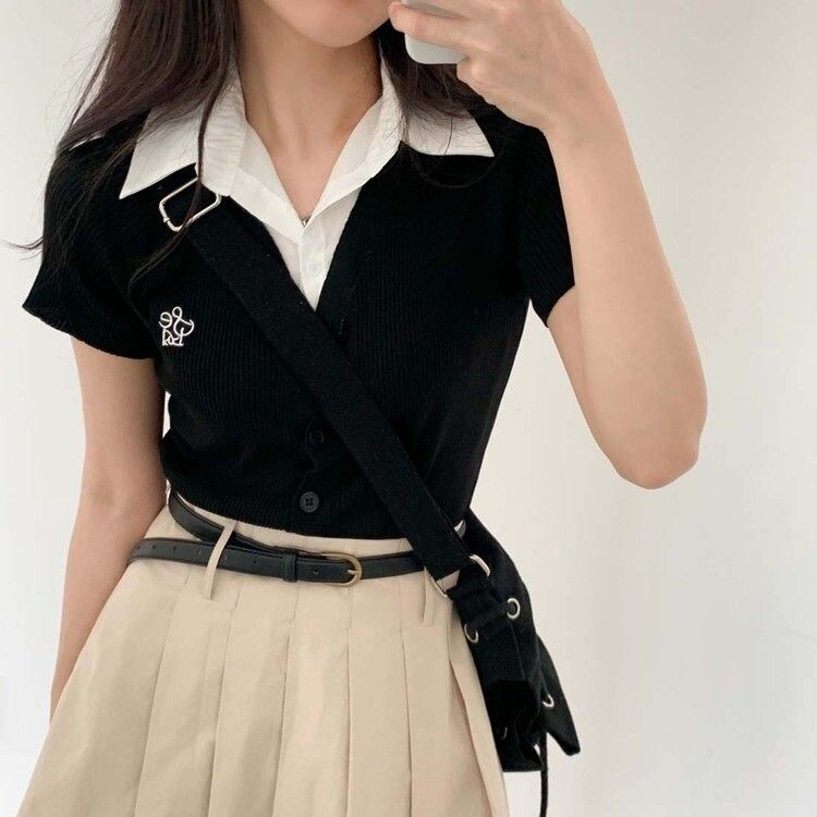 シャツレイヤード刺繍半袖カーディガン｜ニット｜韓国