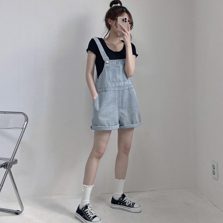 ロールアップサスペンダーショートデニムパンツ｜オーバーオール｜韓国