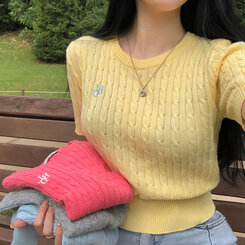 ニット 刺繍ケーブルラウンド半袖ニット6色 イエロー