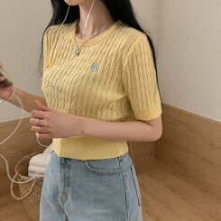 ニット 刺繍ケーブルラウンド半袖ニット6色 イエロー