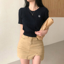 ニット 刺繍ケーブルラウンド半袖ニット6色 ネイビー