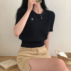 ニット 刺繍ケーブルラウンド半袖ニット6色 ネイビー