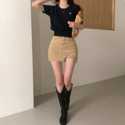 ニット 刺繍ケーブルラウンド半袖ニット6色 ネイビー