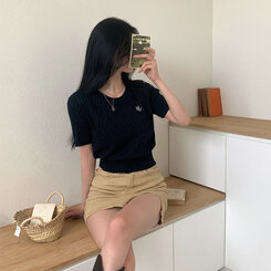 ニット 刺繍ケーブルラウンド半袖ニット6色 ネイビー