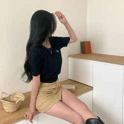 ニット 刺繍ケーブルラウンド半袖ニット6色 ネイビー