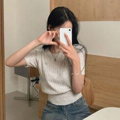 ニット 刺繍ケーブルラウンド半袖ニット6色 オートミール