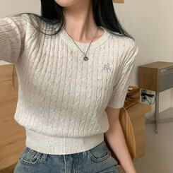 ニット 刺繍ケーブルラウンド半袖ニット6色 オートミール