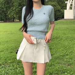 ニット 刺繍ケーブルラウンド半袖ニット6色 スカイブルー