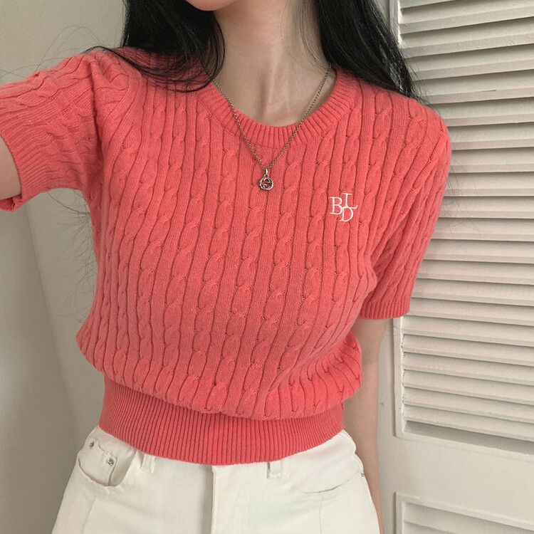 ニット 刺繍ケーブルラウンド半袖ニット6色 ピンク