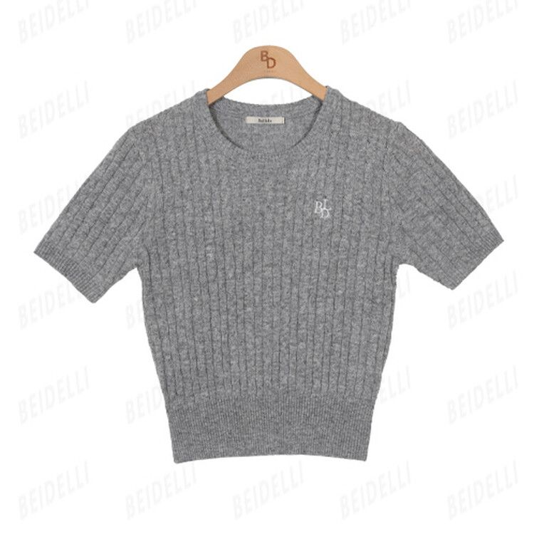 刺繍ケーブルラウンド半袖ニット6色