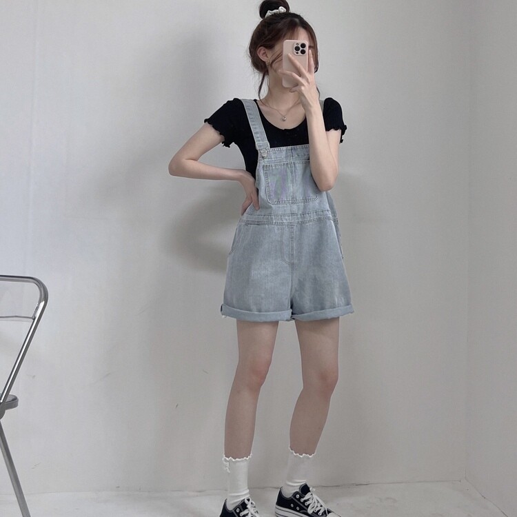 SPS19114 ロールアップサスペンダーショートデニムパンツ
