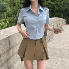 シャツ スリムフィットラウンドポケット半袖シャツ スカイブルー