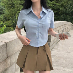 シャツ スリムフィットラウンドポケット半袖シャツ スカイブルー