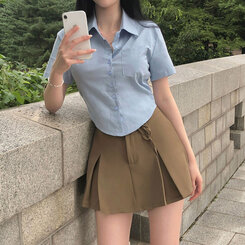 シャツ スリムフィットラウンドポケット半袖シャツ スカイブルー