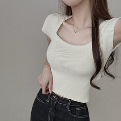 ニット バックリボンクロップTシャツ アイボリー