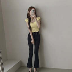ニット バックリボンクロップTシャツ イエロー