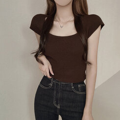ニット バックリボンクロップTシャツ ブラウン
