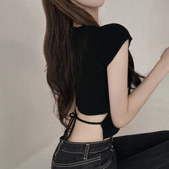 ニット バックリボンクロップTシャツ ブラック