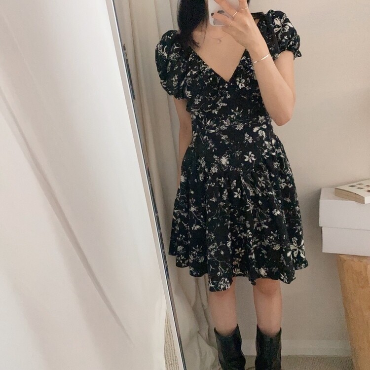 ツイードシルクシフォンワンピース　韓国 フラワーVネックバンディングシフォンミニワンピース｜ミニ