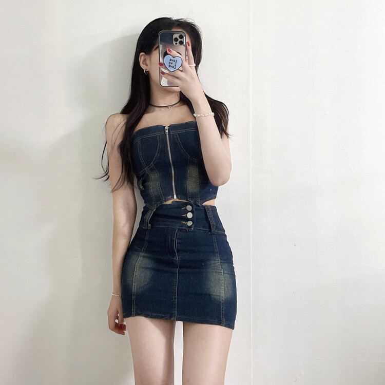 【SELF-PORTRAIT】デニム編み込みミニドレス 抜け感と気品 新作 フロント 編み上げ 透けレース 7分袖 ペプラム タイト ミニ