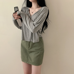 スリーボタンルーズフィット長袖Tシャツ グレー