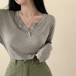 スリーボタンルーズフィット長袖Tシャツ グレー