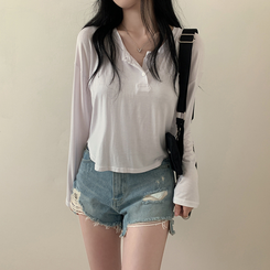 スリーボタンルーズフィット長袖Tシャツ ホワイト