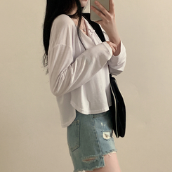 スリーボタンルーズフィット長袖Tシャツ ホワイト