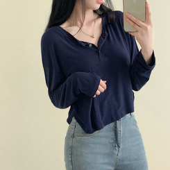 スリーボタンルーズフィット長袖Tシャツ ネイビー