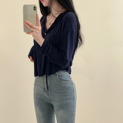 スリーボタンルーズフィット長袖Tシャツ ネイビー