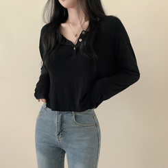 スリーボタンルーズフィット長袖Tシャツ ブラック