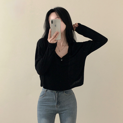 スリーボタンルーズフィット長袖Tシャツ ブラック