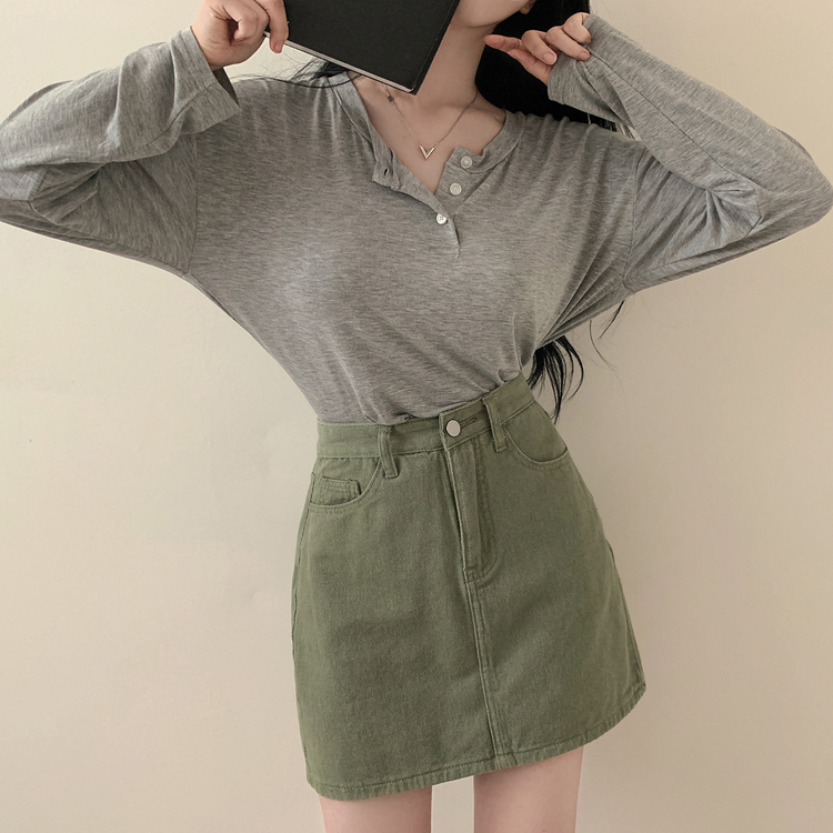 スリーボタンルーズフィット長袖Tシャツ グレー