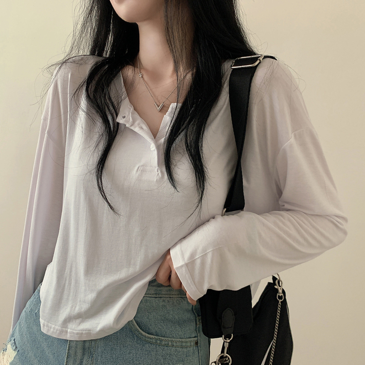 スリーボタンルーズフィット長袖Tシャツ ホワイト