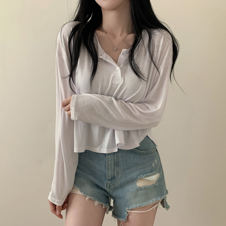 スリーボタンルーズフィット長袖Tシャツ ホワイト