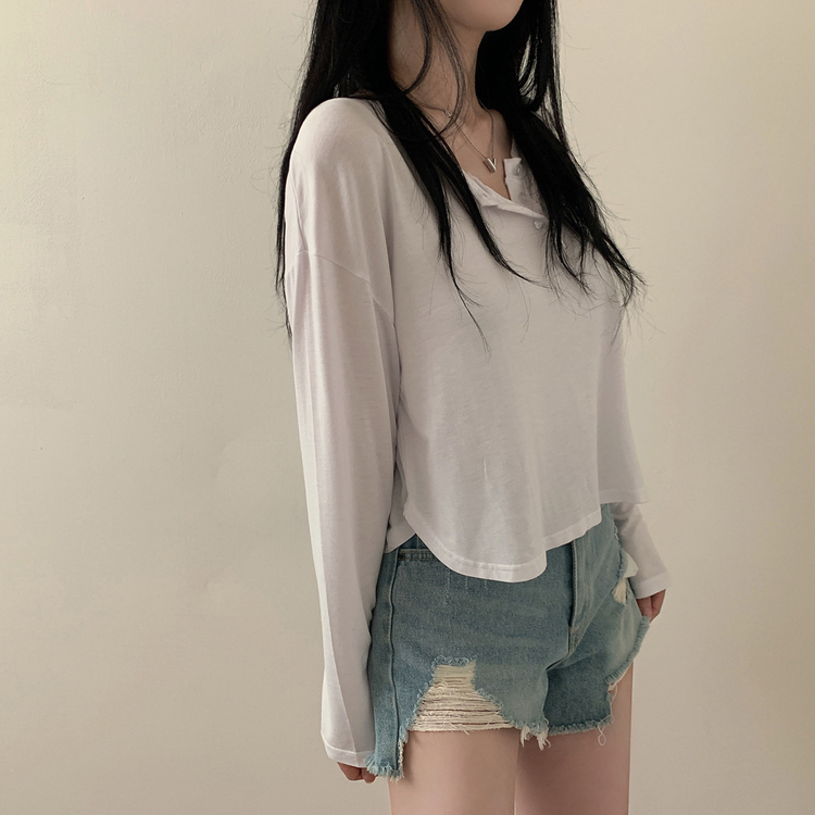 スリーボタンルーズフィット長袖Tシャツ ホワイト