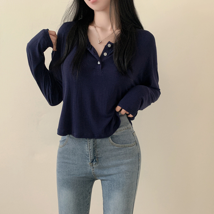 スリーボタンルーズフィット長袖Tシャツ ネイビー