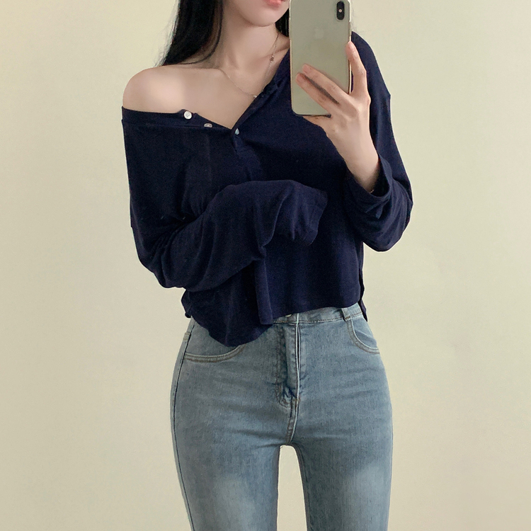 スリーボタンルーズフィット長袖Tシャツ ネイビー