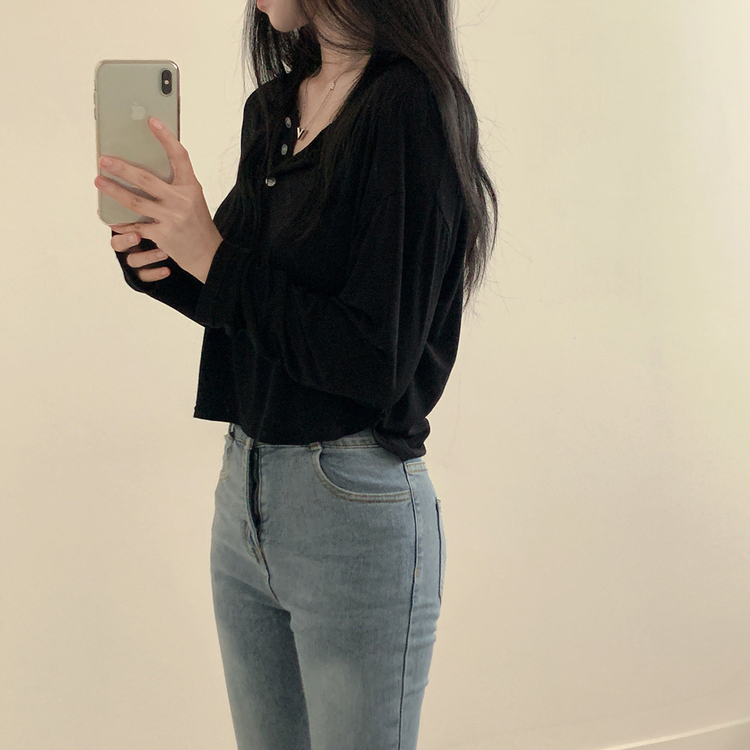 スリーボタンルーズフィット長袖Tシャツ ブラック