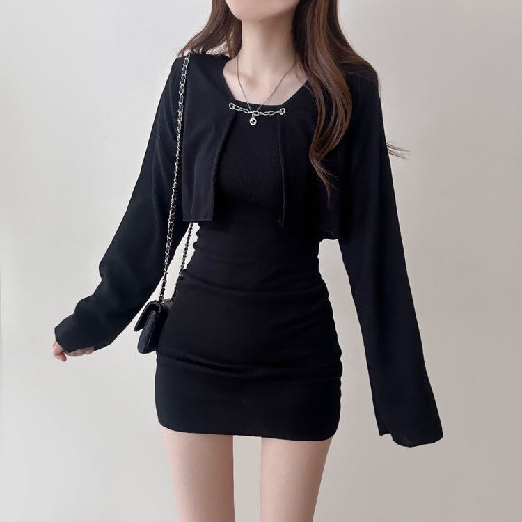 極美品♪ エストネーション カーディガン＆ミトンズ ワンピース 2点おまとめ SET]チェーンクロップカーディガン キャミソールミニワンピース｜ミニ