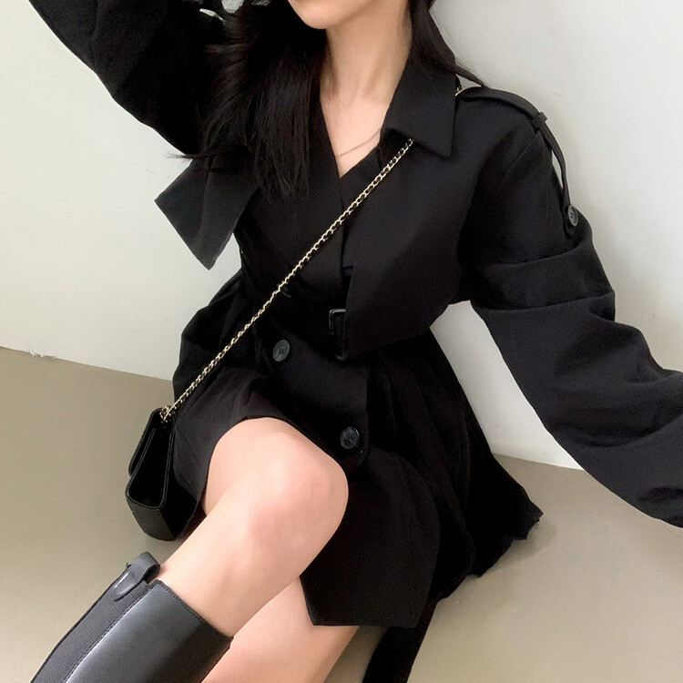 プリーツトレンチコート風ミニワンピース BLACK