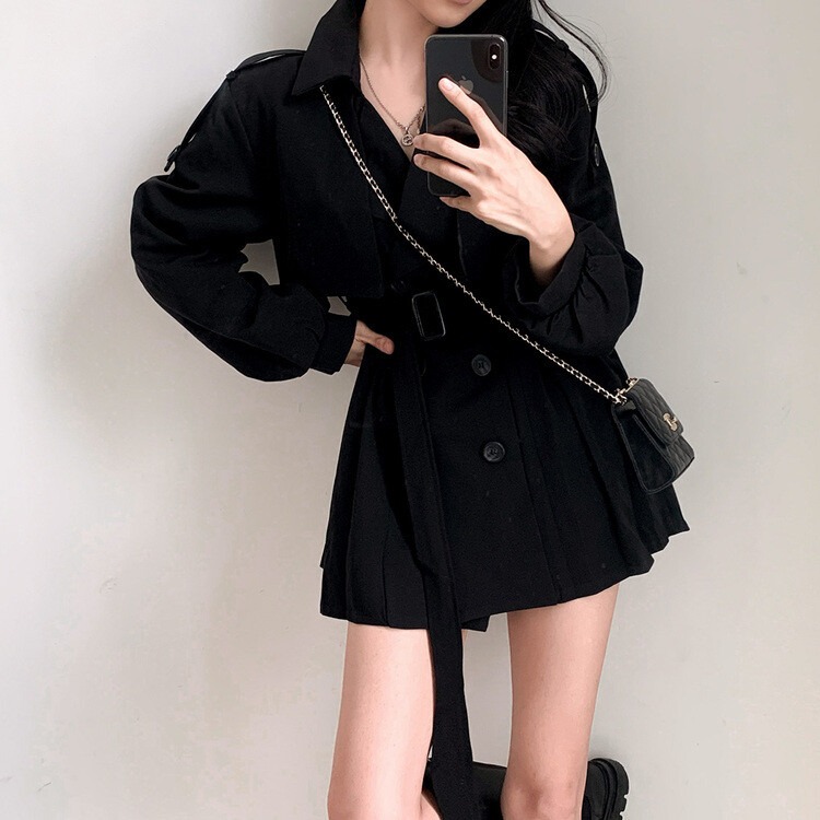プリーツトレンチコート風ミニワンピース BLACK