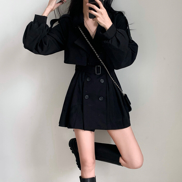 プリーツトレンチコート風ミニワンピース BLACK
