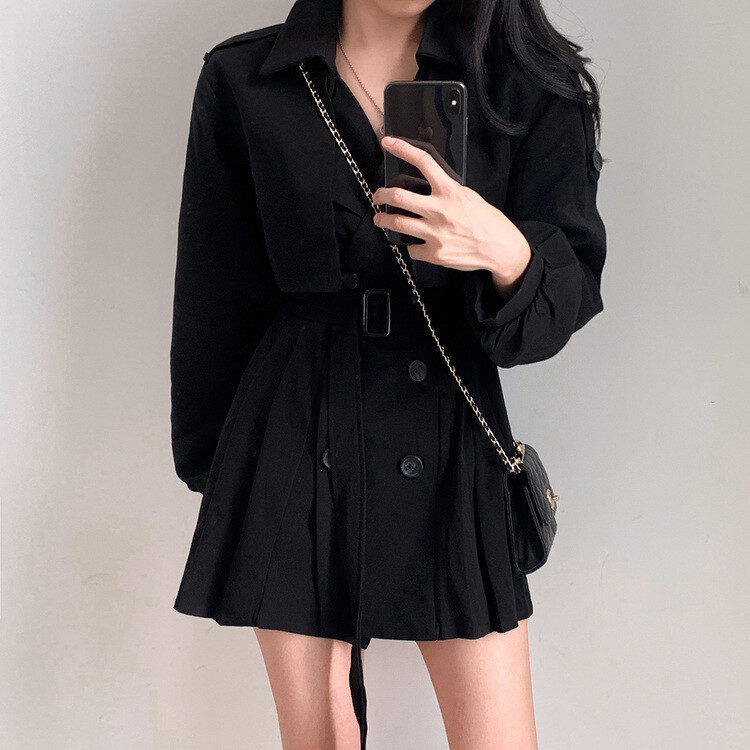 プリーツトレンチコート風ミニワンピース BLACK