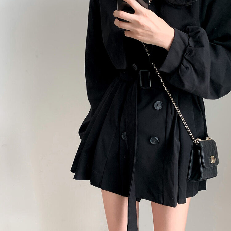プリーツトレンチコート風ミニワンピース BLACK
