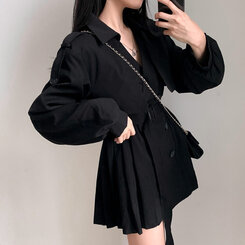 プリーツトレンチコート風ミニワンピース BLACK