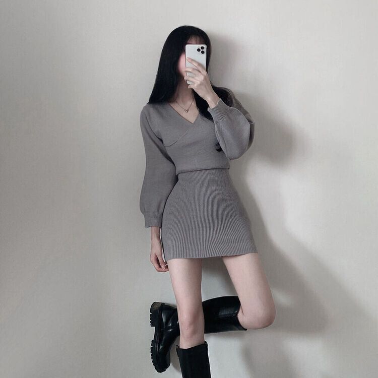 ラップリブスリムバルーンスリーブニットミニワンピース｜ミニ