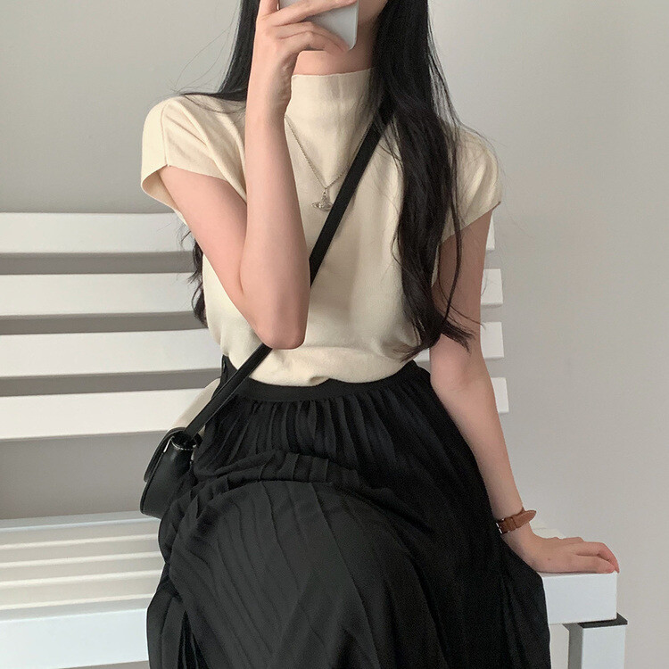 ハーフネックパフ半袖ニット IVORY
